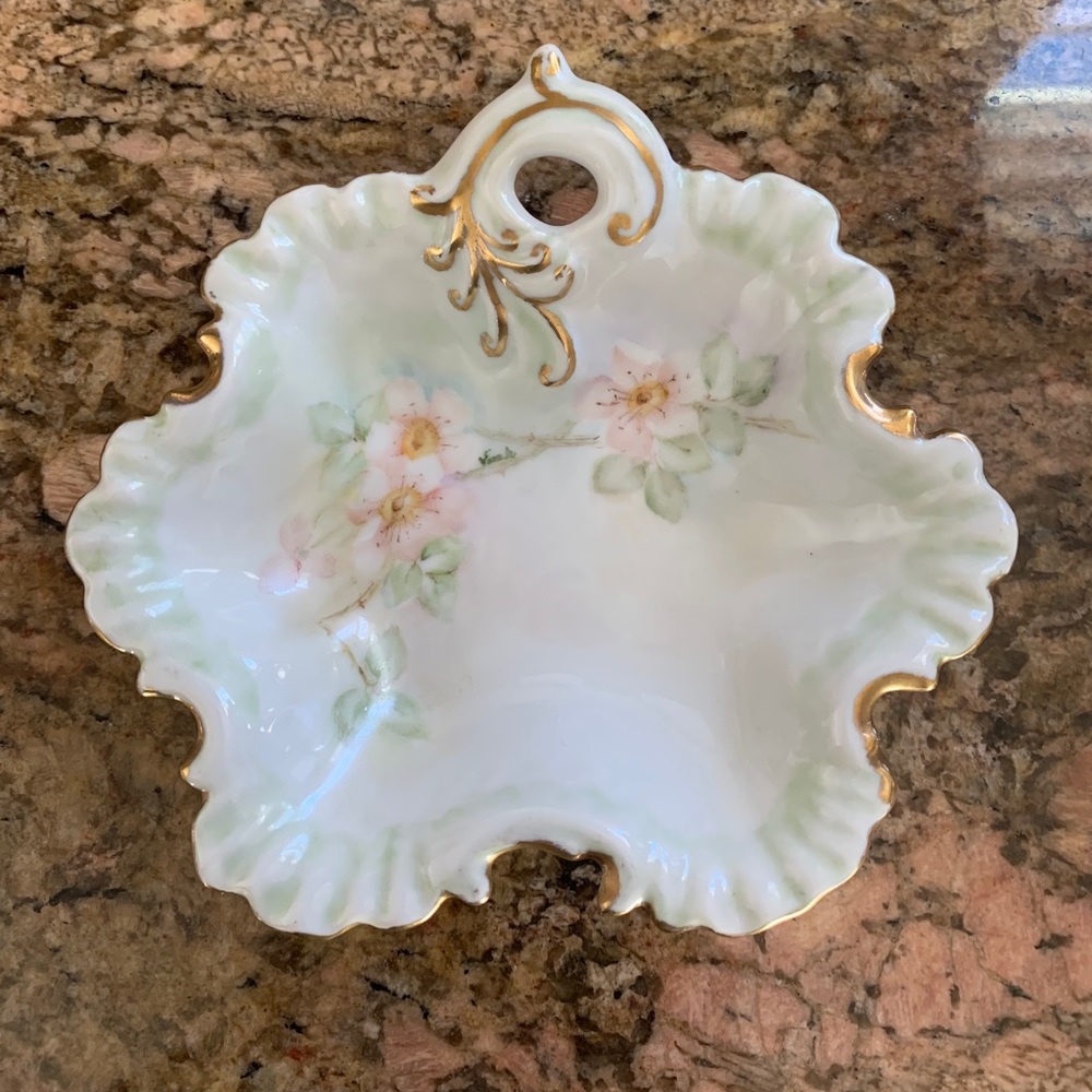 Vintage Cherry Blossom Signed Trinket Bowl jewelry hand Painted vanity dish